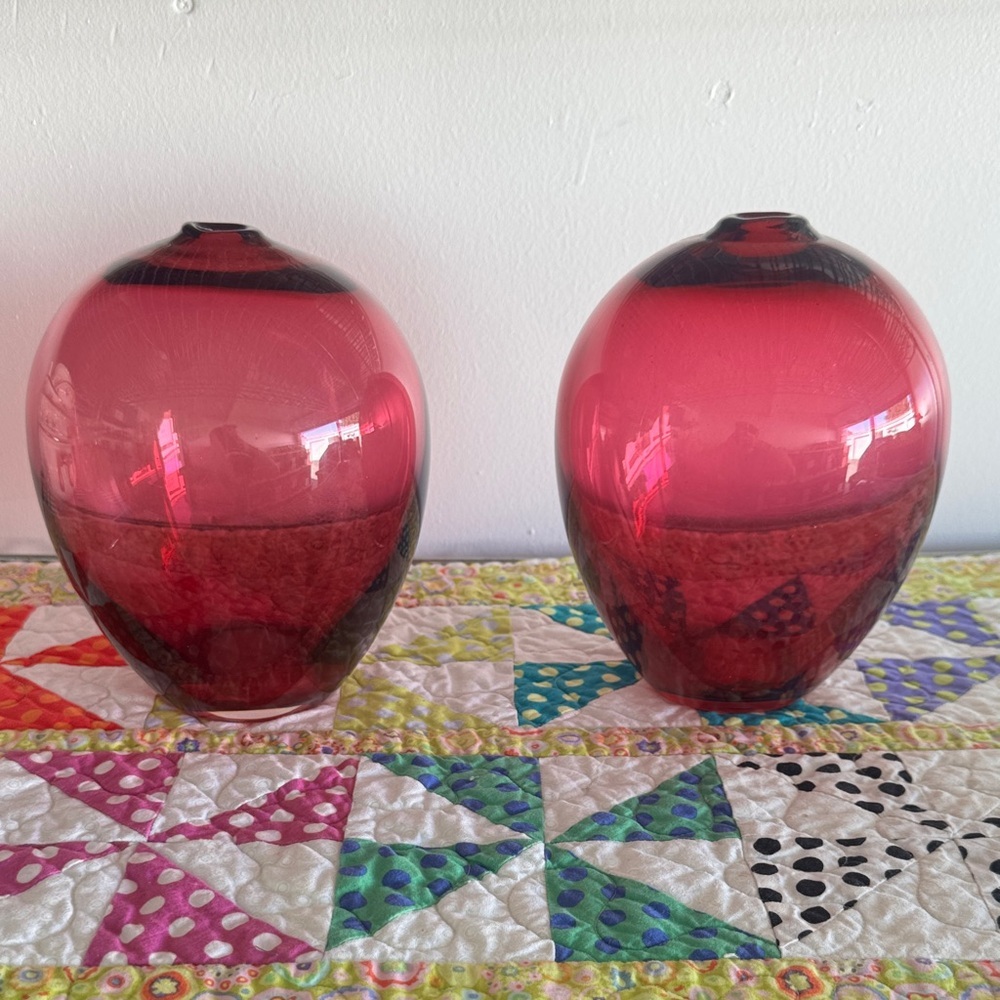 Pilgrim Vintage Hand-Blown Pink Cranberry Art Glass Vases Mid Century Modern MCM
